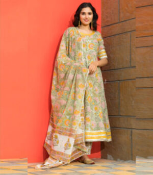 Pastel Green Floral Hand Block Print Kurta Dupatta Set