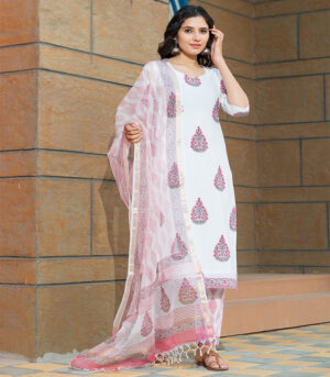 White Hand Block Print Kurta Dupatta Set