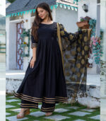 Black Cotton Kurta Set With Chanderi Dupatta