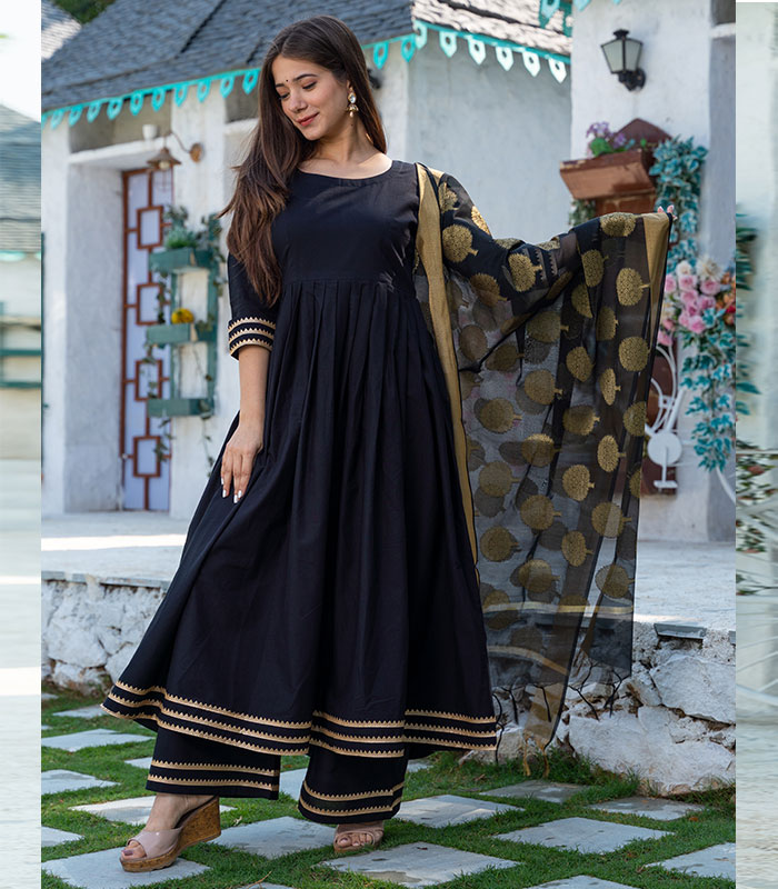 Buy Seva Chikan Hand Embroidered Black Chanderi Lucknowi Chikankari Kurta  online