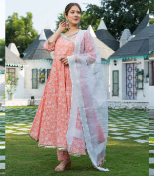 The Elegant Peach Print Kurta Set