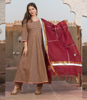 Maroon Anarkali Printed Kurta Dupatta Set