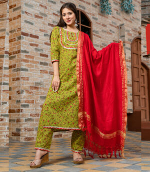 Green Floral Printed Kurta Dupatta Set