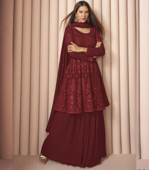 Maroon Sequence Embroidered Designer Sharara Suit