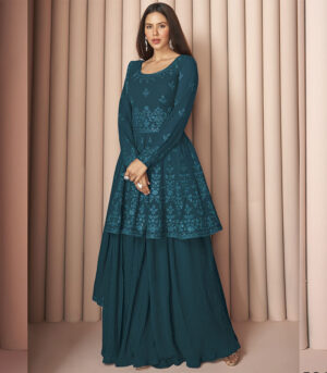 Turquoise Sequence Embroidered Designer Sharara Suit