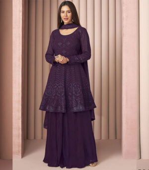 Purple Sequence Embroidered Designer Sharara Suit