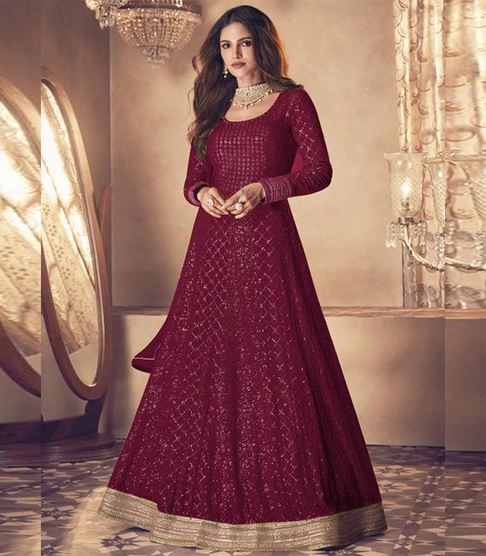 Buy Brick Maroon Anarkali Suit In Raw Silk With Matching Brocade Dupatta  KALKI Fashion India