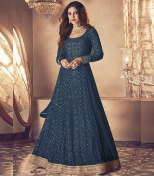 Dark Teal Embroidered Wedding Anarkali