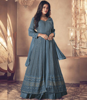 Blue Traditional Sequence Embroidered Wedding Anarkali Lehenga