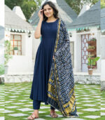 Midnight Blue Kurta Set With Bandhej Dupatta
