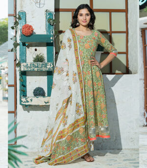 A Kiwi Green Floral Hand Block Print Kurta Dupatta Set