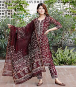 Burgundy Bagru Hand Block Print Cotton Kurta Set With Chanderi Dupatta