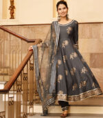 Grey Gold Hand Block Print With Gold Printed Dupatta
