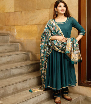 Teal Green Solid Flared Kurta Set With Hand Block Print Chanderi Dupatta