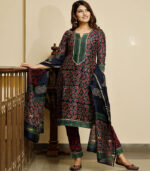 Navy Blue Bagru Hand Block Print Cotton Kurta Set With Chanderi Dupatta