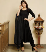 Jet Black Solid Flared Kurta With Gold Dot Dupatta