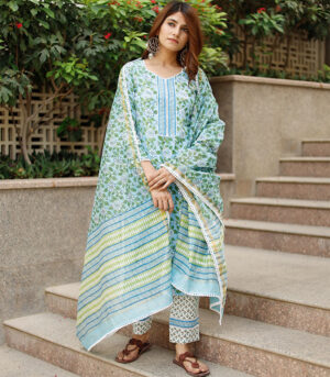 Blue Printed Cotton Kurta Set With Chanderi Dupatta