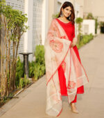 Scarlett Red Flared Kurta Set With Hand Pant Floral Organza Dupatta