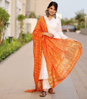 Bright White Flared Kurta Set With Bandhej Dupatta