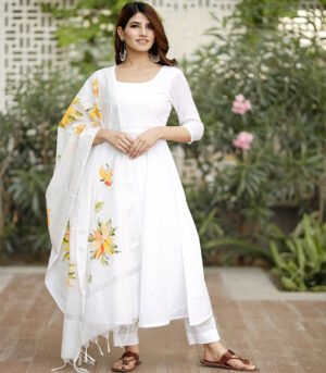 White Flared Cotton Kurta Set With Hand Paint Chanderi Dupatta