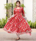 Red Cotton Printed Anarkali Kurta Set