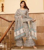 Light Grey Floral Hand Block Printed Flared Pants And Dupatta Set