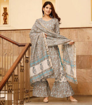 Light Grey Floral Hand Block Printed Flared Pants And Dupatta Set