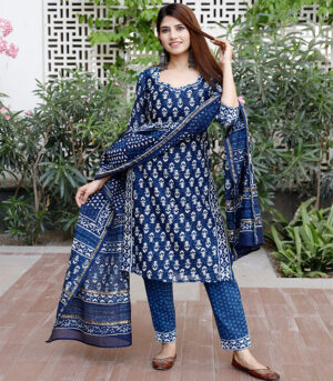 Indigo Blue Bagru Cotton Hand Block Print Kurta Set