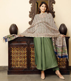 Olive Green Flared Solid Suit Set With Block Print Dupatta