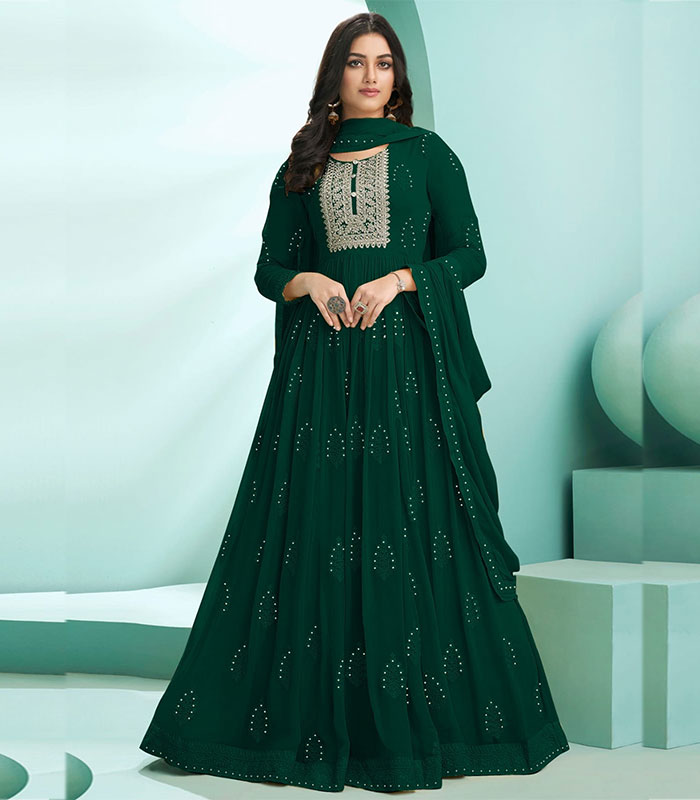 Embroidered Georgette Anarkali Suit in Green : KCH8717