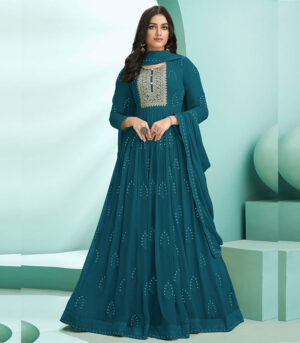 Dark Teal Lucknowi Zari Embroidered Designer Anarkali Suit