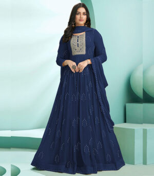 Navy Blue Lucknowi Zari Embroidered Designer Anarkali Suit