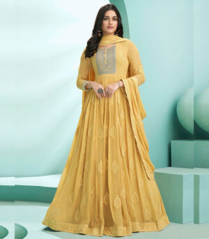 Bright Yellow Lucknowi Zari Embroidered Designer Anarkali Suit