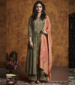 Olive Silk Blend Party Wear Salwar Kameez