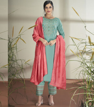 Turquoise Silk Blend Party Wear Salwar Kameez