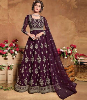 Wine Net Anarkali Salwar Kameez