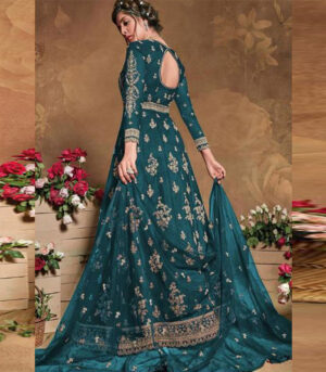 Dark Teal Net Anarkali Salwar Kameez