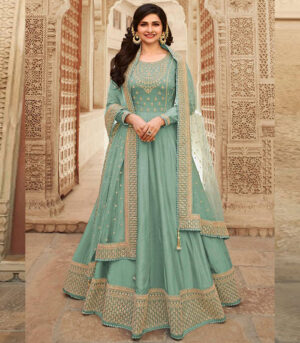 Turquoise Silk Blend Anarkali Salwar Kameez
