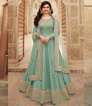 Turquoise Silk Blend Anarkali Salwar Kameez