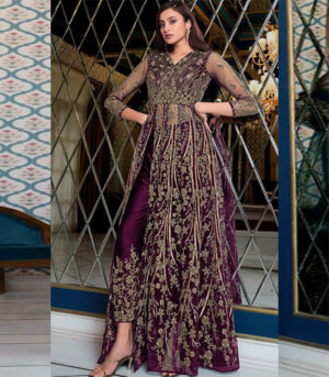 Wine Net Anarkali Salwar Kameez