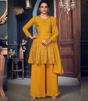 Diamond Faux Georgette Yellow Designer Pakistani Suit