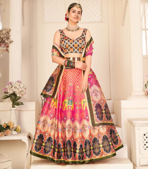 Multicolor Pure Rera Silk Digital Printed Work Lehenga Choli