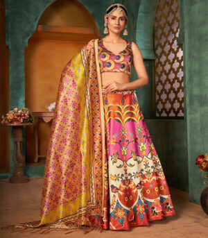 Multicolor Pure Rera Silk Digital Printed Work Lehenga Choli