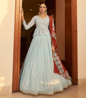 Sky Georgette Embellish Mukaish Work Lehenga Choli