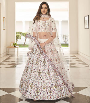 White Silk Thread with Sequence Embroidered Lehenga Choli