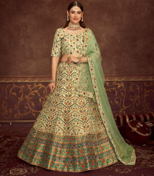 Mint Green Art Silk Embroidery With Print And Swarovski Work Lehenga Choli