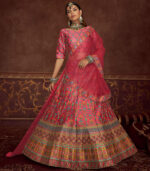 Pink Art Silk Embroidery With Print And Diamond Work Lehenga Choli