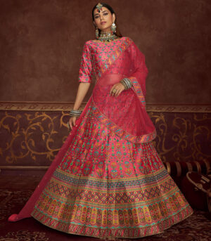 Pink Art Silk Embroidery With Print And Diamond Work Lehenga Choli
