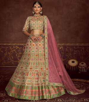 Beige Art Silk Embroidery With Print And Swarovski Work Lehenga Choli