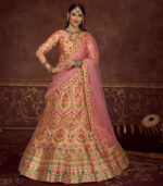 Peach Art Silk Embroidery With Print And Diamond Work Lehenga Choli